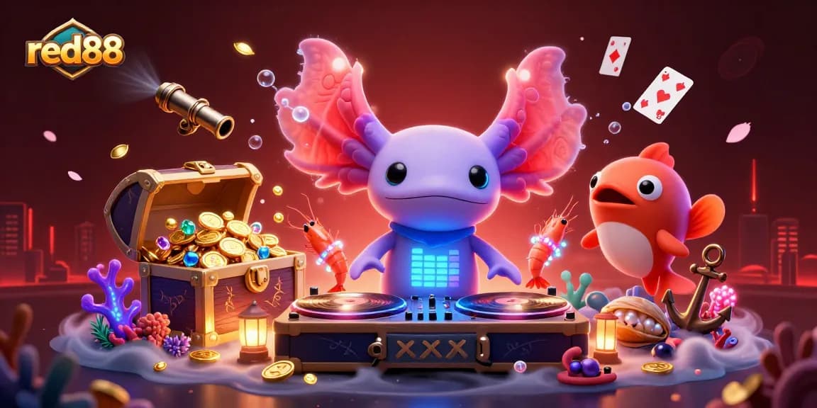 Experience the vibrant gameplay of red88 with neon axolotl DJ and interactive casino elements.