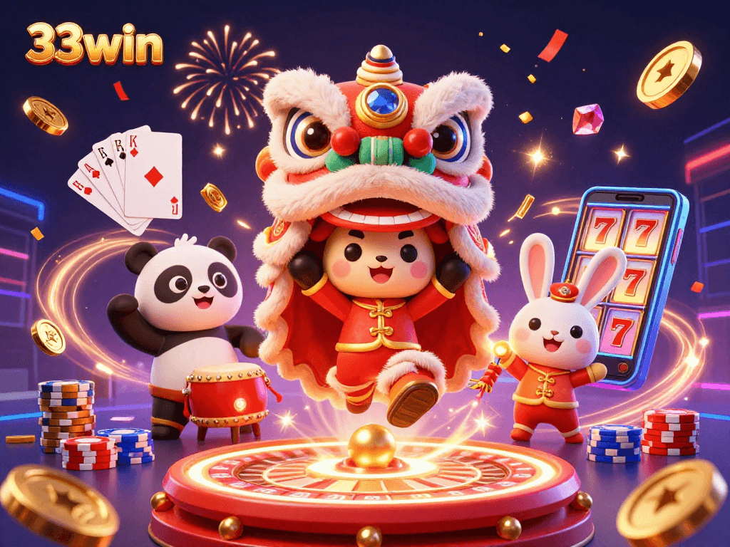 Experience the excitement of 33win with lively characters and casino elements in vibrant illustration.