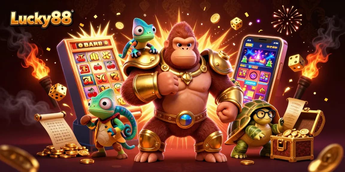 Experience thrilling jackpots at Lucky88 with a powerful gorilla king in a vibrant casino scene.
