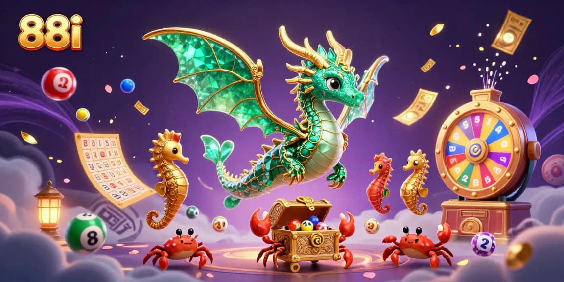 Experience thrilling gaming action with 88i and dynamic lottery elements in this vibrant illustration.