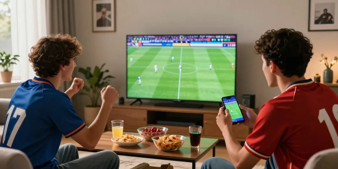 Nonton bola live in a cozy living room with friends celebrating a game, showcasing snacks, team jerseys, and HD TV.