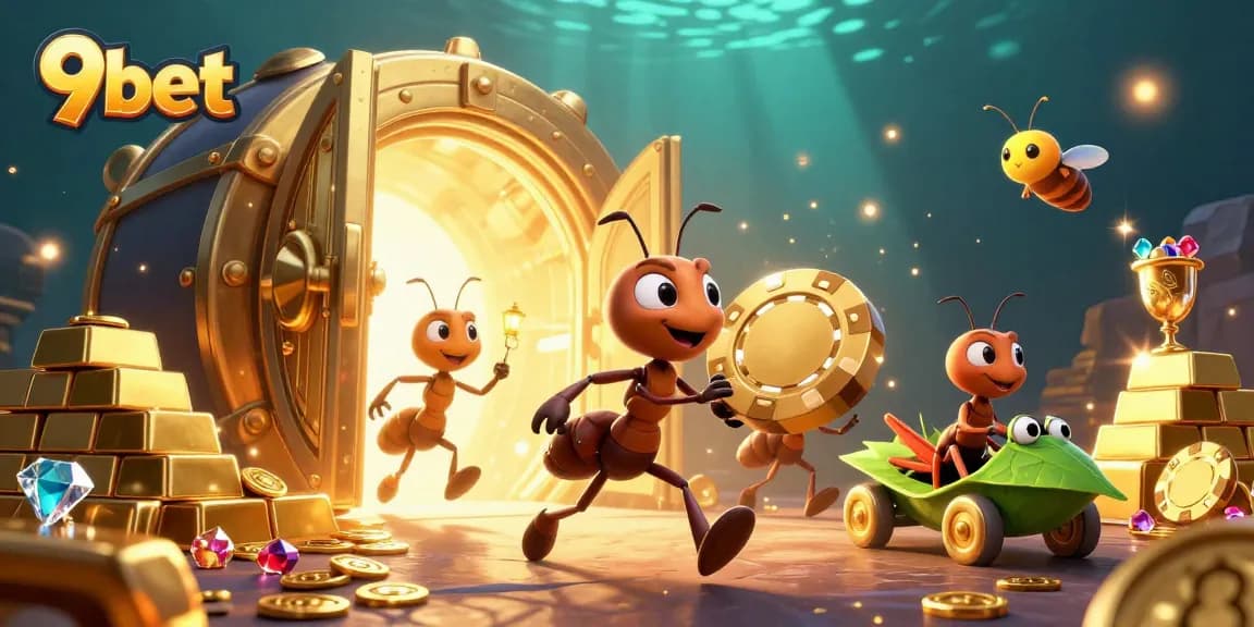 Experience thrilling wins at 9bet with cartoon ants heisting golden chips in a vibrant casino scene.