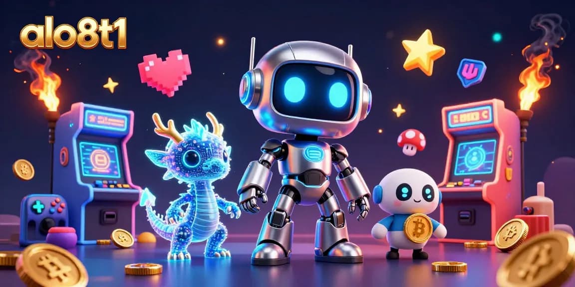Engage with the vibrant excitement of alo8t1 in a dynamic 3D casino scene featuring modern gaming and cryptocurrency elements.