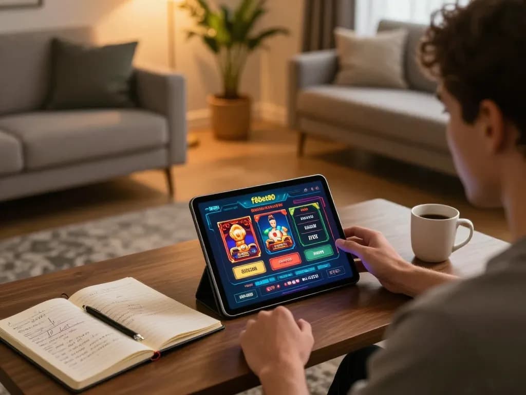 Player enjoying immersive f8bet80 gaming experience on tablet in a cozy living room setup