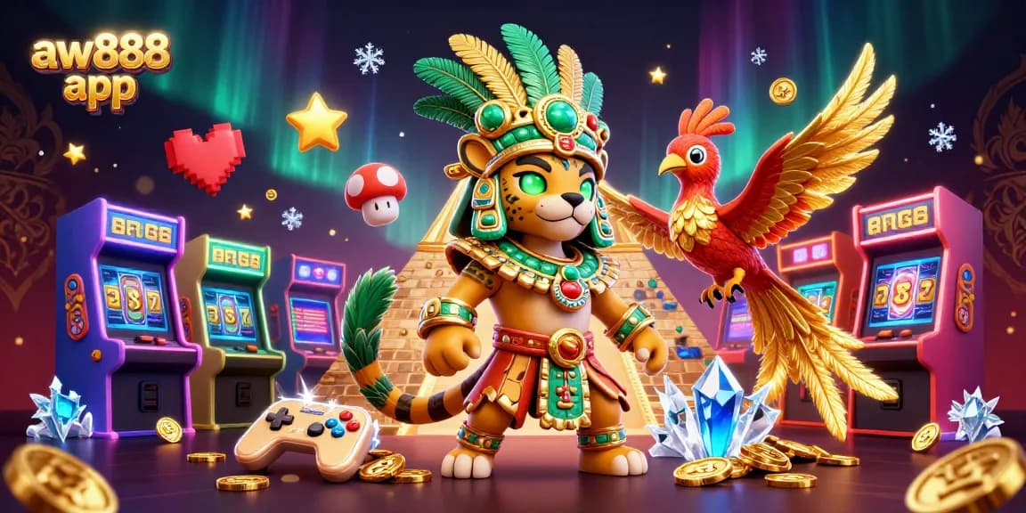 Experience the aw888 app with vibrant casino elements and dynamic characters in a 3D scene.