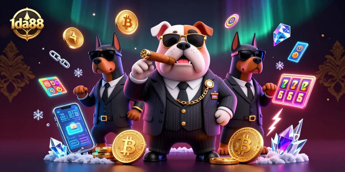 Win big with 1da88 in this vibrant casino illustration featuring cryptocurrency elements and characters!