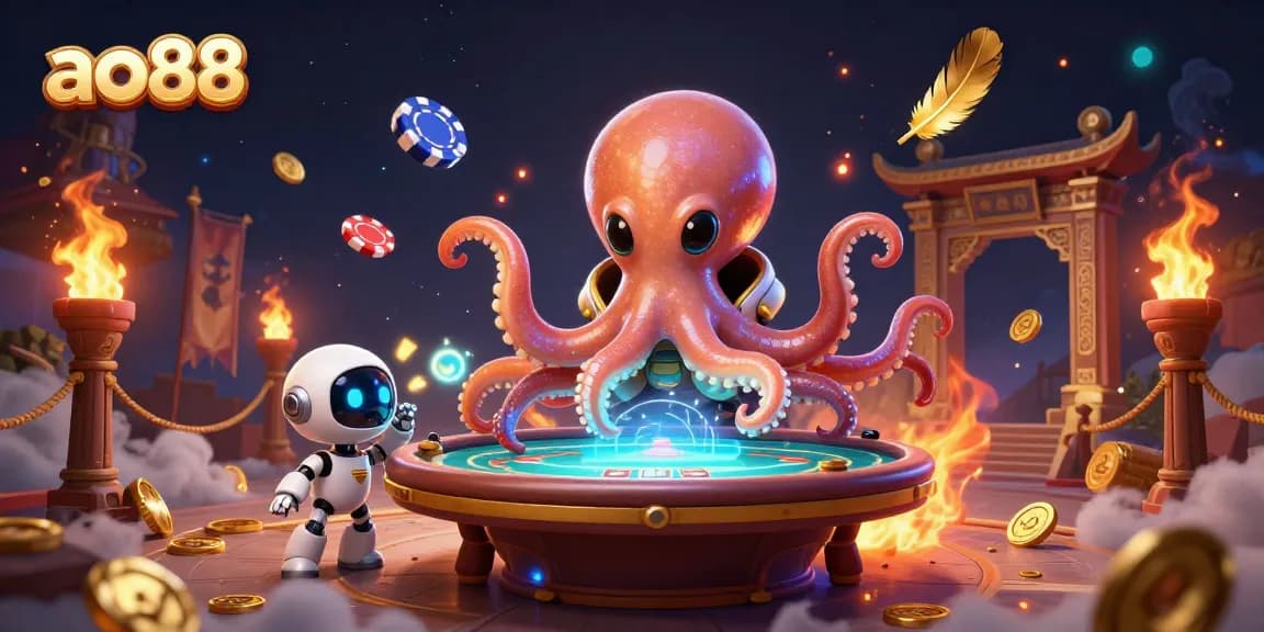 Engage in thrilling poker games at ao88 with a vibrant alien octopus and dynamic casino elements.