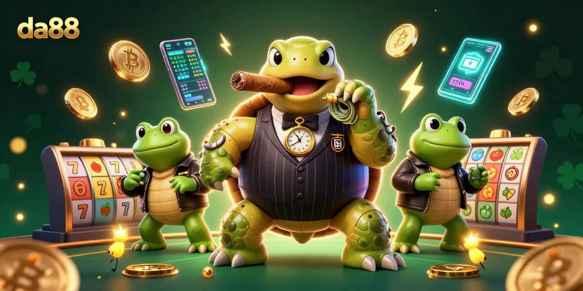 Experience the excitement of da88 with a 3D casino scene featuring a mobster turtle and bullfrog enforcers.