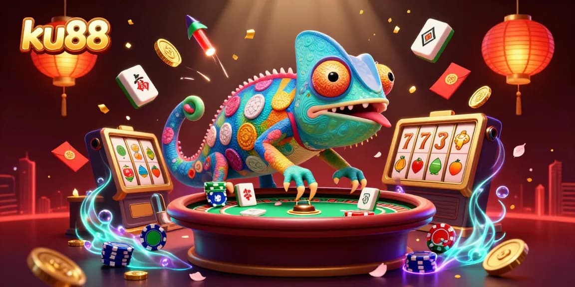 Engage with thrilling slots at ku88 featuring a vibrant chameleon owner and dynamic casino elements.