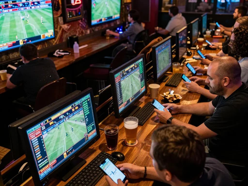 Watch the excitement of hytw3339 sports betting with fans placing live bets in a lively bar atmosphere