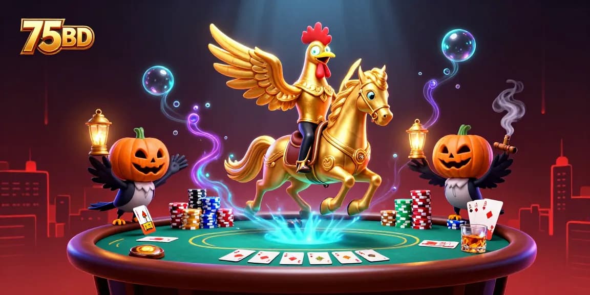 Engage in thrilling casino action with 75BD featuring a golden rooster and poker excitement.