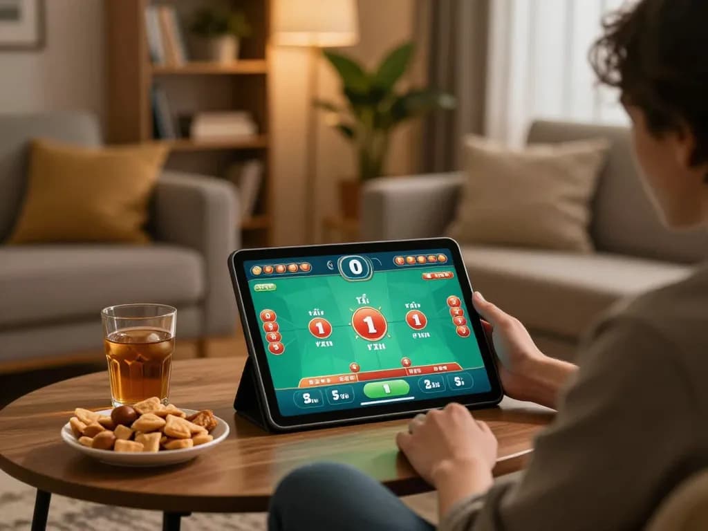 Tài Xỉu gaming session at home, showcasing a player engaged on tablet.