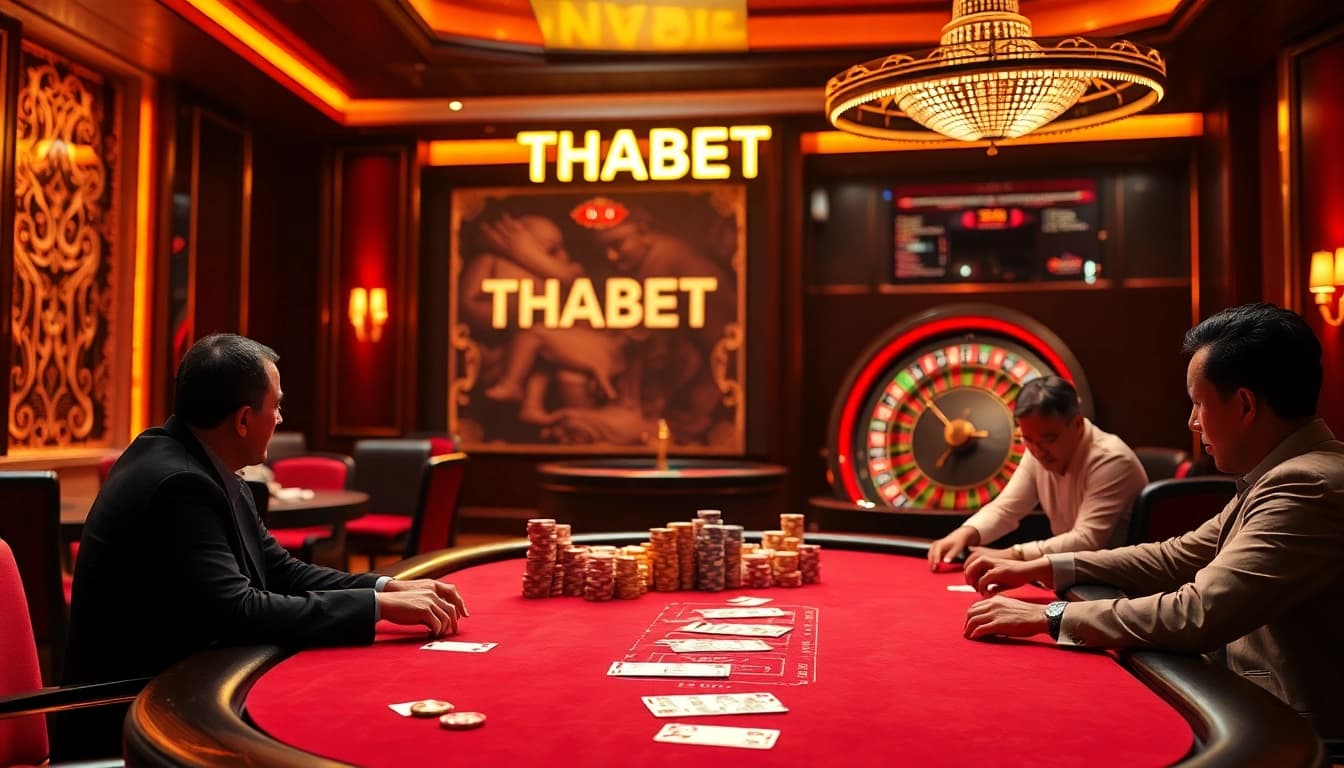 Players enjoying a high-stakes game at THABET's elegant casino table with vibrant chips.