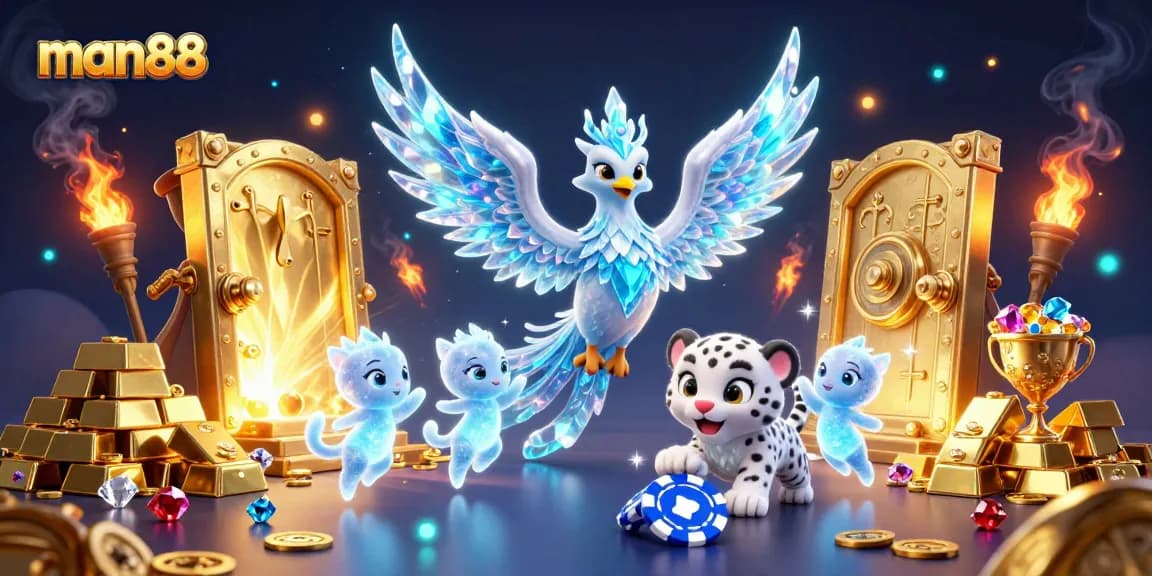 Experience the enchanting man88 casino realm with a dynamic scene of vibrant characters and gold treasures.