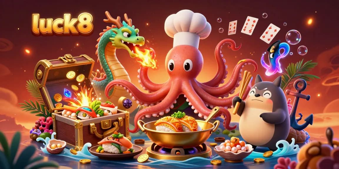 Joint your excitement with luck8's vibrant underwater casino illustration featuring whimsical characters and thrilling elements.