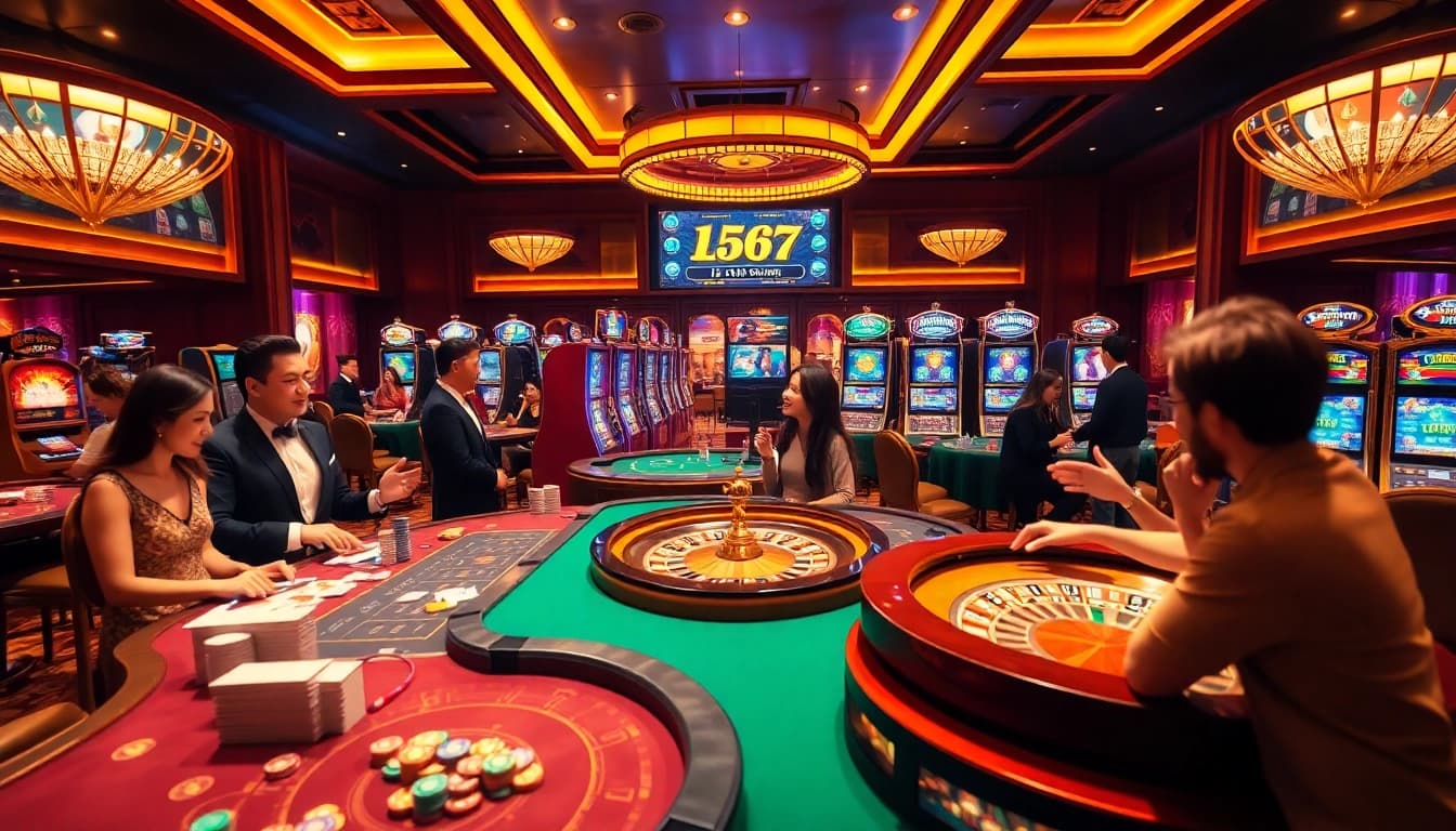L567 casino scene showcasing vibrant gaming tables and excited players enjoying various games.