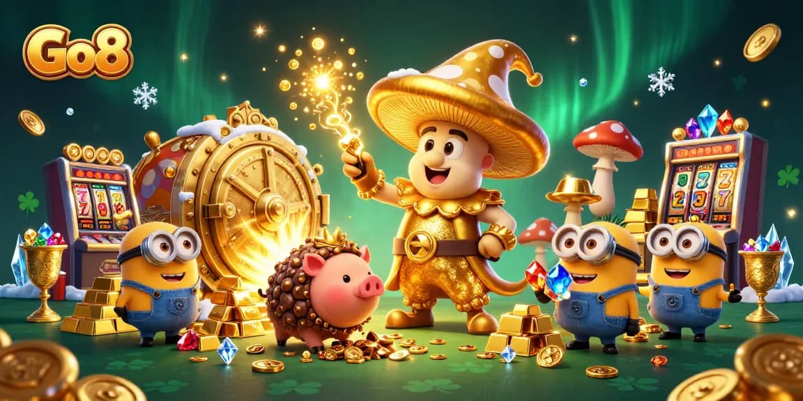 Win big with Go8 in a vibrant, treasure-filled casino scene featuring magic and colorful slot elements.