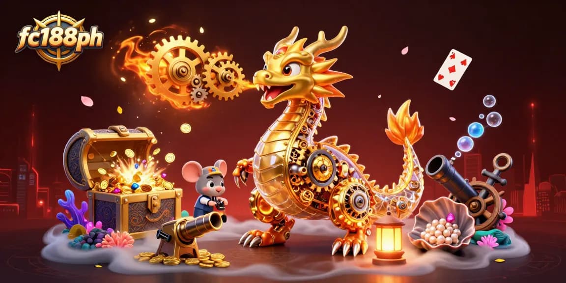 Engage with fc188ph and immerse in winning casino strategies featuring a golden dragon and treasures.