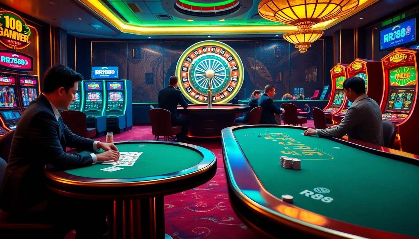 Exciting gameplay at RR88 casino with poker tables and colorful slot machines.