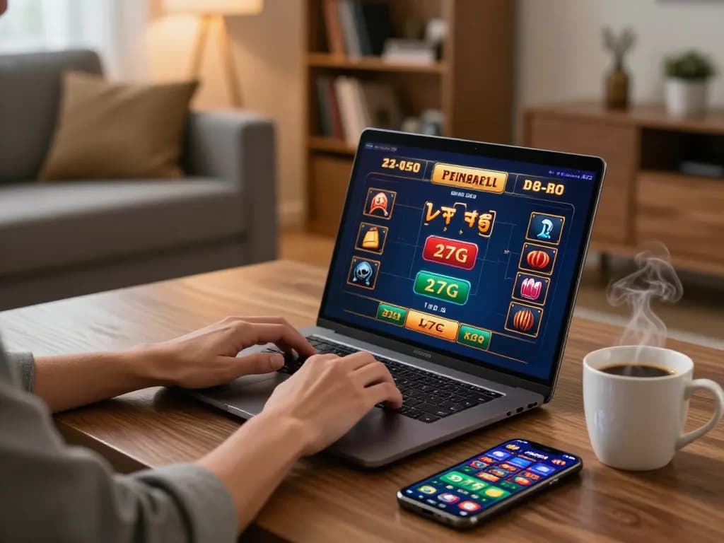 Player engaging with 27G casino app on laptop, modern home setup with strategy books nearby.