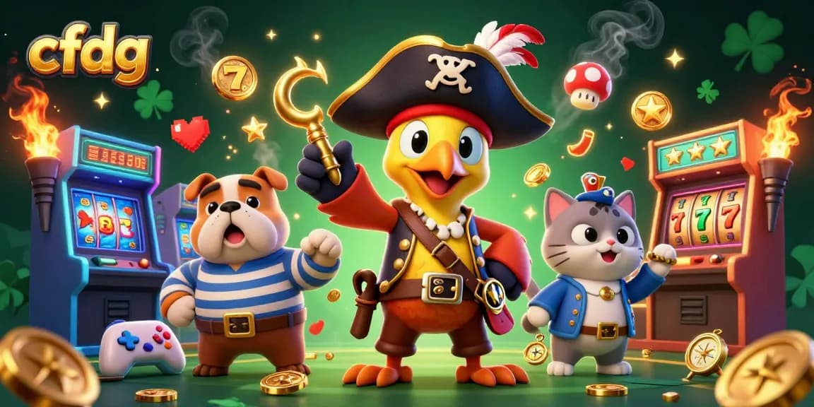 Experience the thrill of cfdg slots and arcade games in this vibrant pirate-themed illustration.