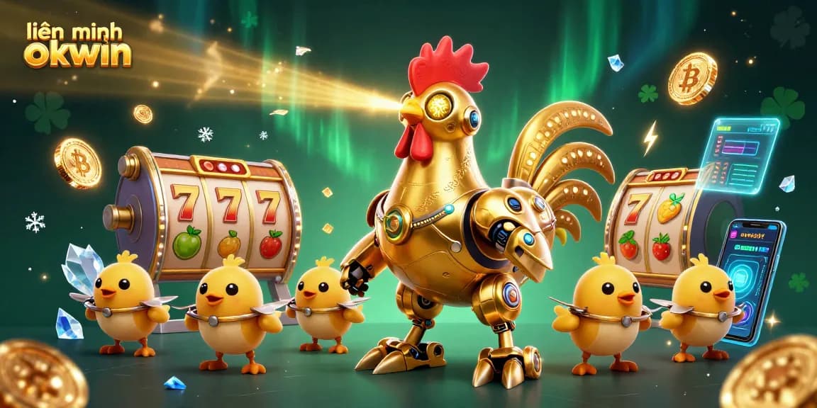 Experience the thrilling world of liên minh okwin with an exciting 3D casino scene showcasing robotic characters and vibrant slot elements.