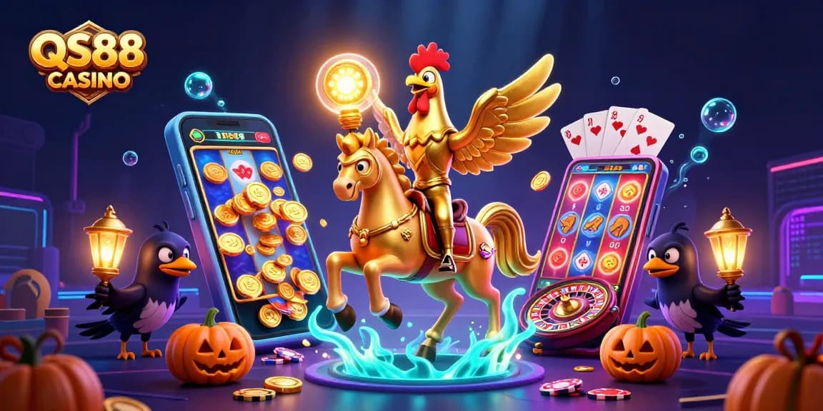 Experience thrilling gameplay at QS88 CASINO with vivid illustrations of slot games and vibrant casino elements.