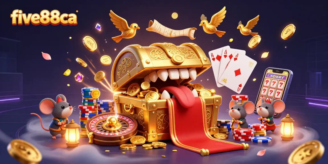 Experience excitement with five88ca in a dynamic, colorful casino illustration filled with treasures.