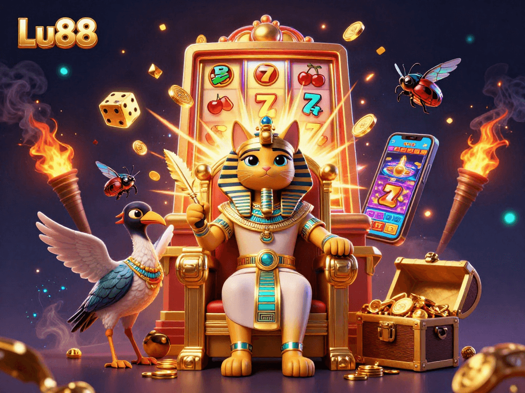 Engage with Lu88's vibrant casino scene featuring pharaoh cat, jackpot slots, and dynamic gaming elements.