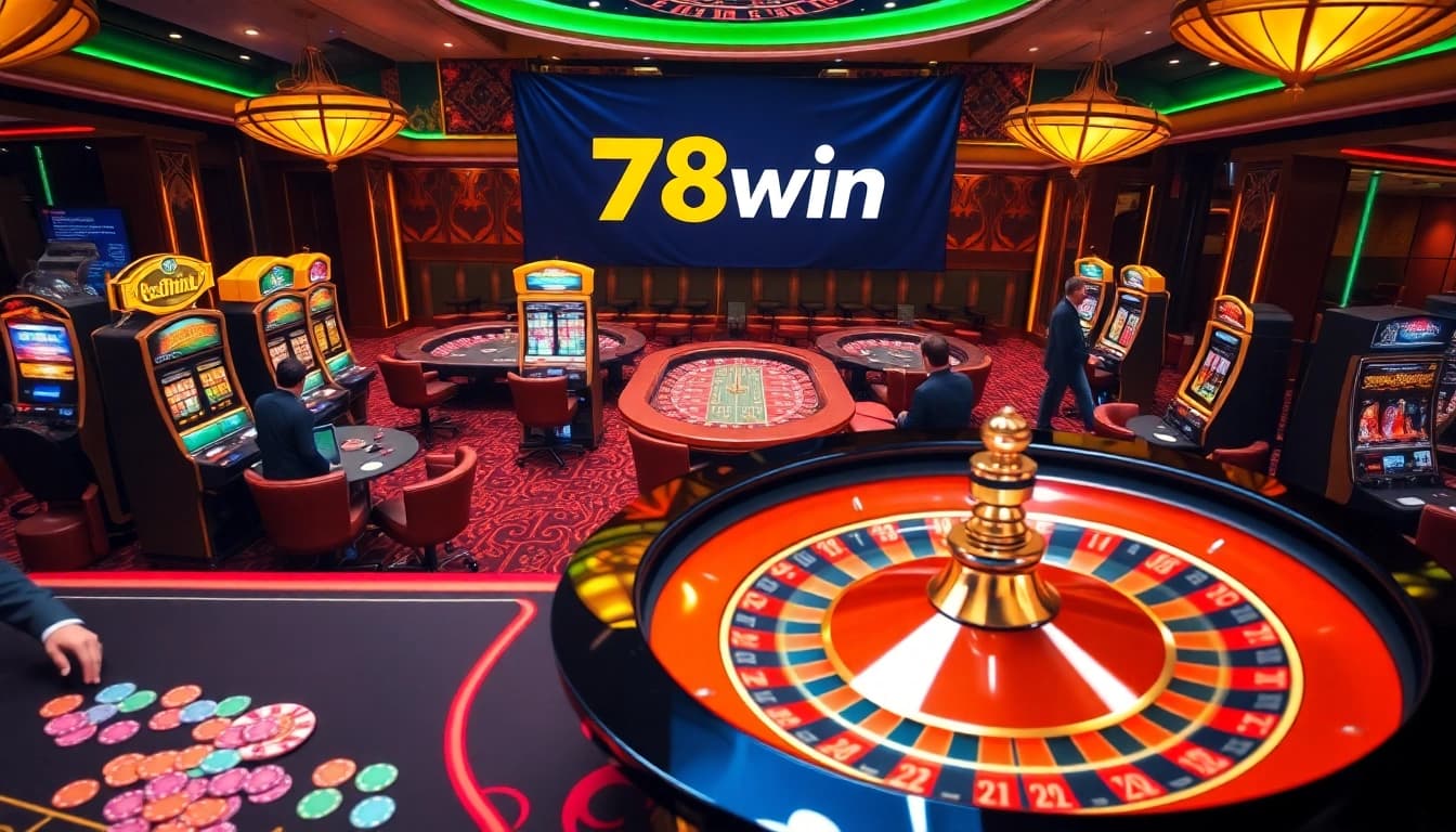 78win casino scene with players at roulette wheel, vibrant colors and excitement.