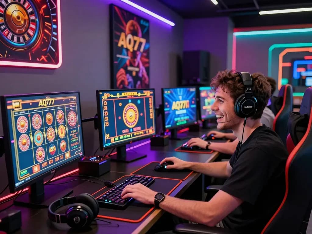 A player immersed in AQ777 online games in a modern gaming setup with vibrant lighting.