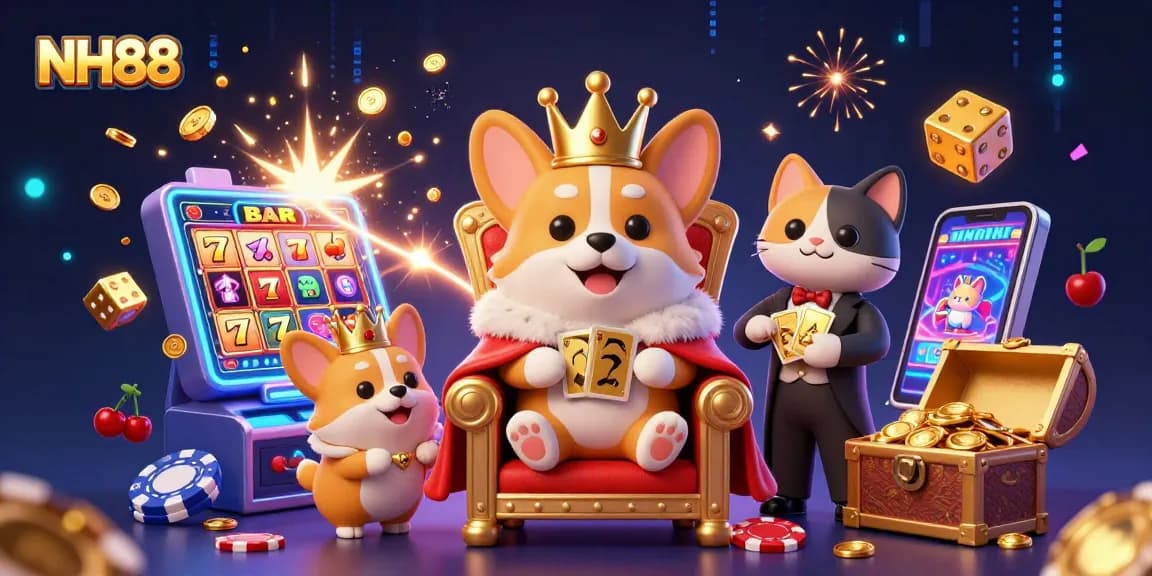 Win big with NH88's thrilling casino experience and vibrant characters in a dynamic digital illustration.