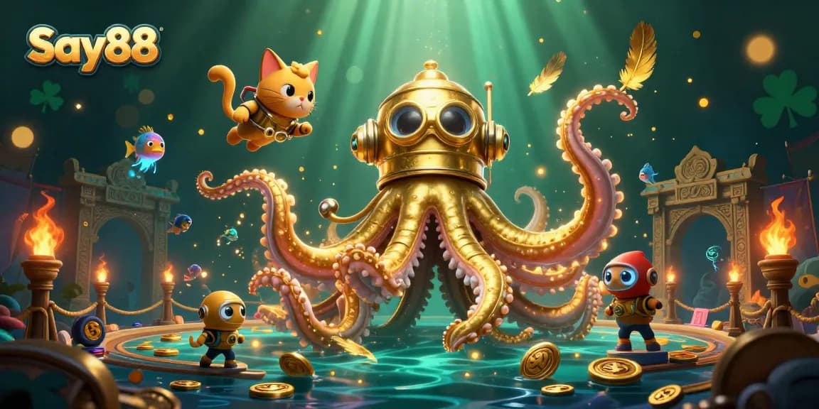 Experience thrilling gameplay at Say88 as a colossal kraken and diving cat discover treasures in an underwater casino!