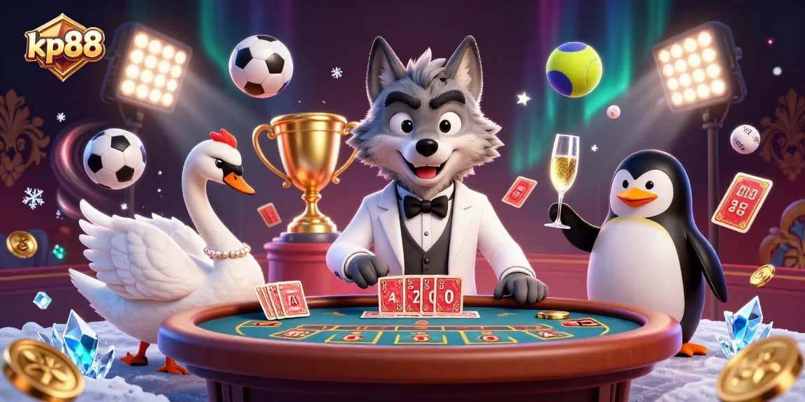 Experience thrilling gameplay at kp88 with animation showcasing a debonair wolf, swan dealer, and penguin sommelier