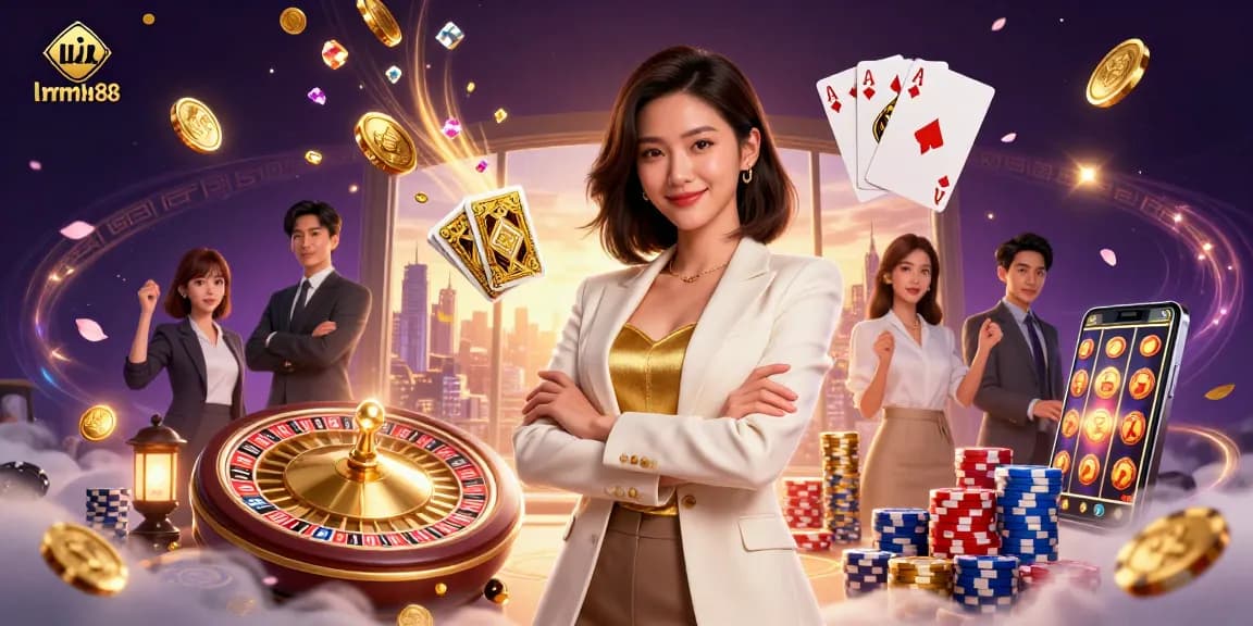 Experience thrilling gameplay with link mm88 as a powerful Asian woman showcases a golden deck of cards surrounded by dynamic casino elements.