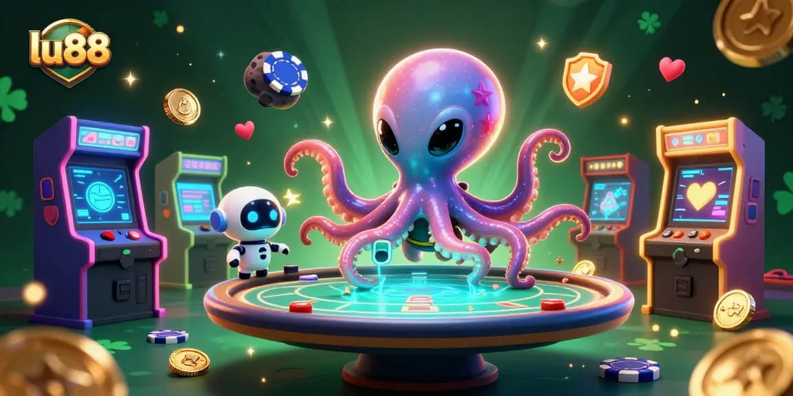 Experience thrilling gameplay at lu88 with an alien octopus hosting an exciting poker game in space.