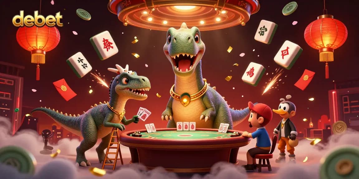 Experience debet at a dynamic casino scene with 3D cartoon dinosaurs, gaming elements, and vibrant colors.
