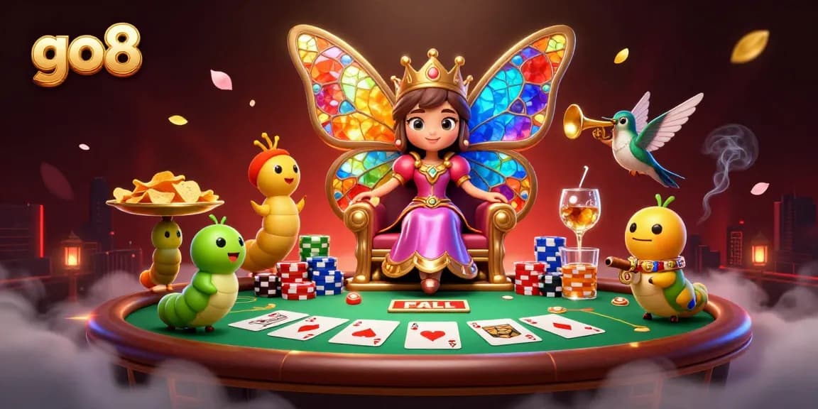 Experience excitement with go8's vibrant casino scene featuring a butterfly queen and poker elements.