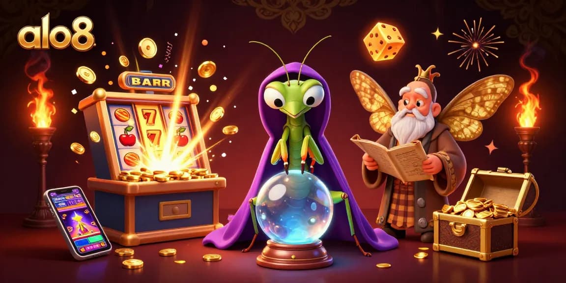 Alo8's vibrant casino scene features slot machines and mystical characters in an engaging illustration.