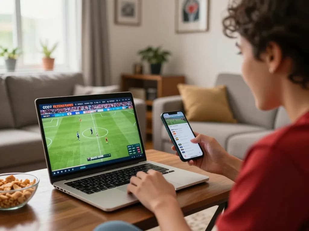 Socolive user enjoying live soccer streaming at home with laptop and smartphone