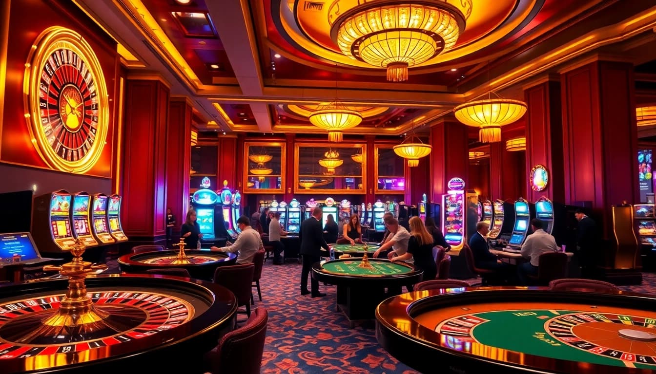 Experience the excitement of rikbet on a luxurious casino floor filled with vibrant games and players.