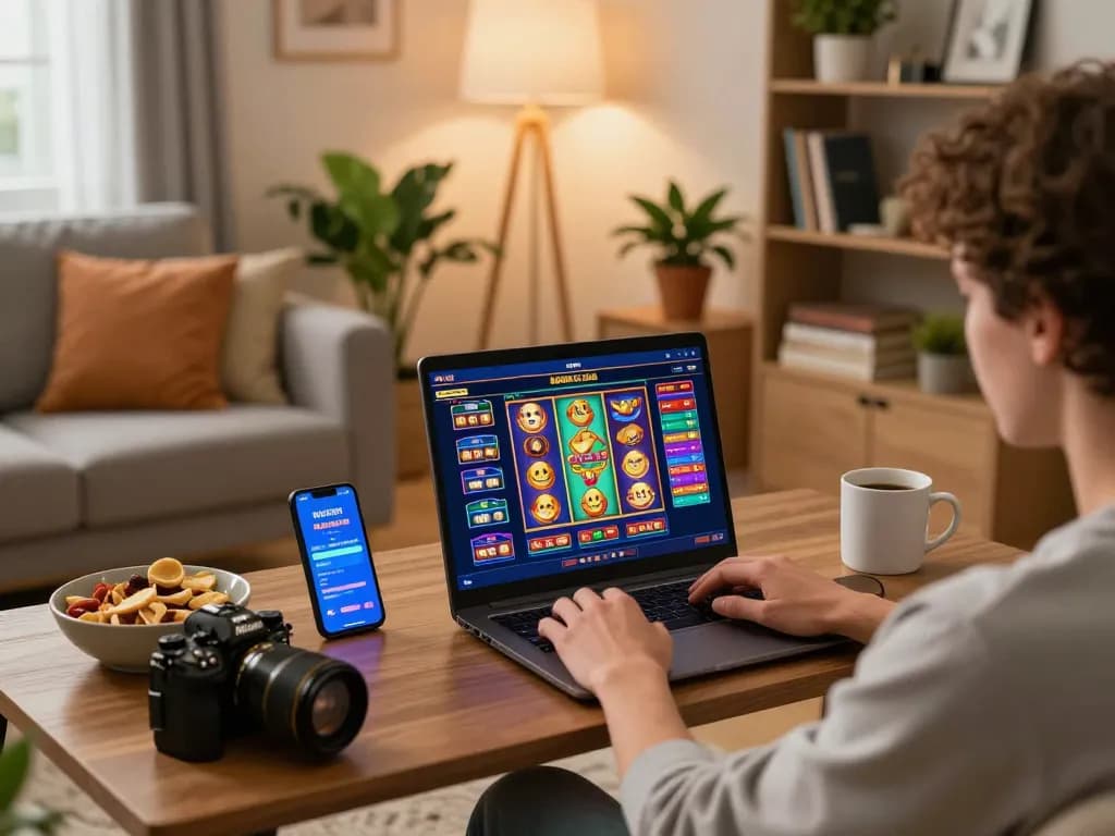 Engage with 27G on an online casino setup, displaying vibrant slot games on a laptop in a cozy home environment.