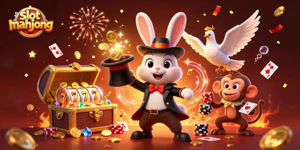 Experience the excitement of slot mahjong with a 3D cartoon illustration featuring magical characters and vibrant casino elements.