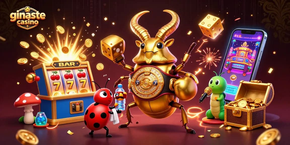 Experience ginaste casino thrills with a giant stag beetle champion in a vibrant 3D illustration.