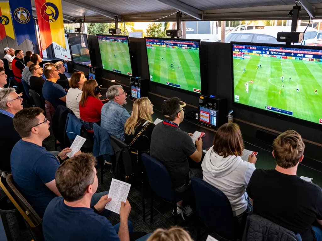 Exciting sports betting scene with fans cheering and placing bets, highlighting soi kèo bóng đá action.