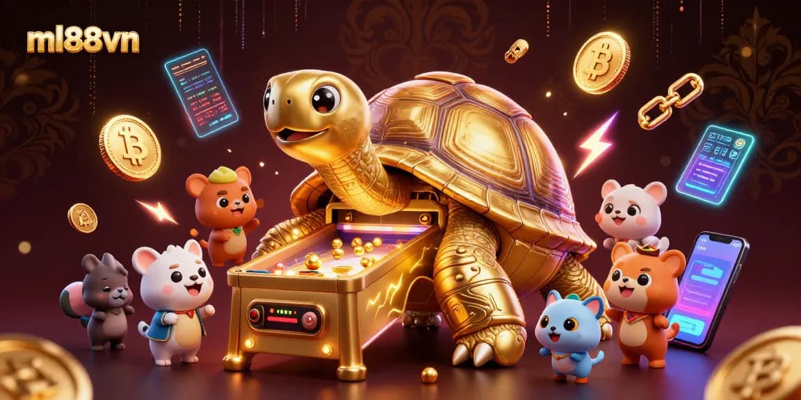 Engage with ml88vn's thrilling gaming world featuring a golden tortoise pinball machine and vibrant crypto elements.