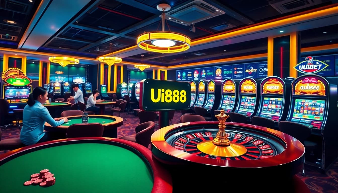 Enjoying a thrilling game of poker and roulette at UU88 casino with vibrant slot machines.