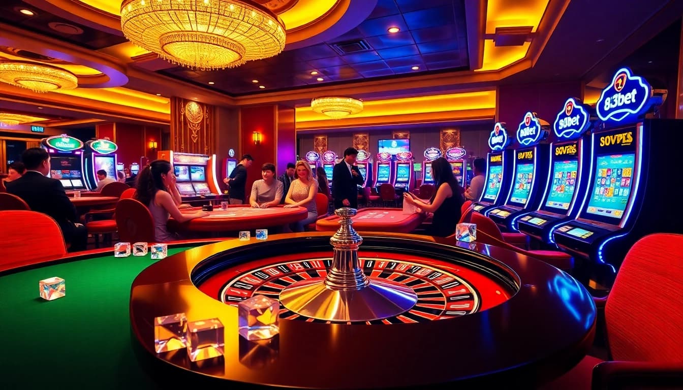 Jogadores curtindo jogos emocionantes na luxuosa configuração de cassino da 813bet com roleta e caça-níqueis.