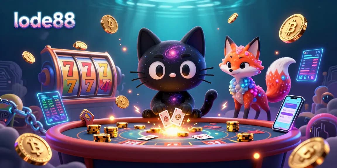 Engage with lode88's cosmic table as a black hole cat draws in golden chips amidst vibrant slot reels.