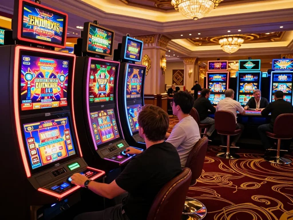 Exciting gaming action at 27G casino with players engaged at bright slot machines.